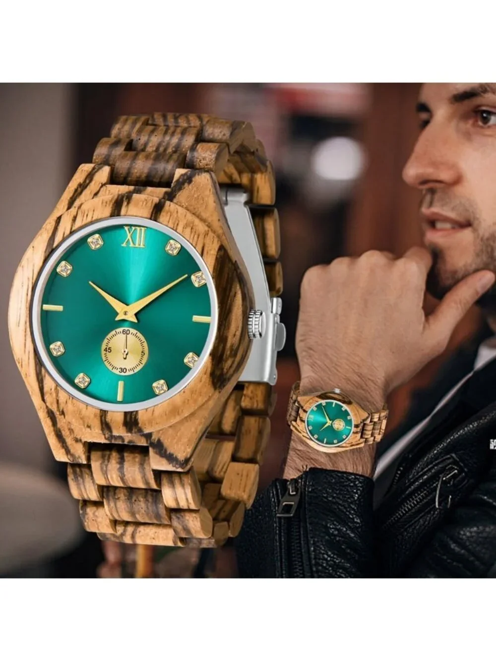 Men's Brown Green Handmade Lightweight Analog Quartz Solid Wrist Wooden Watch